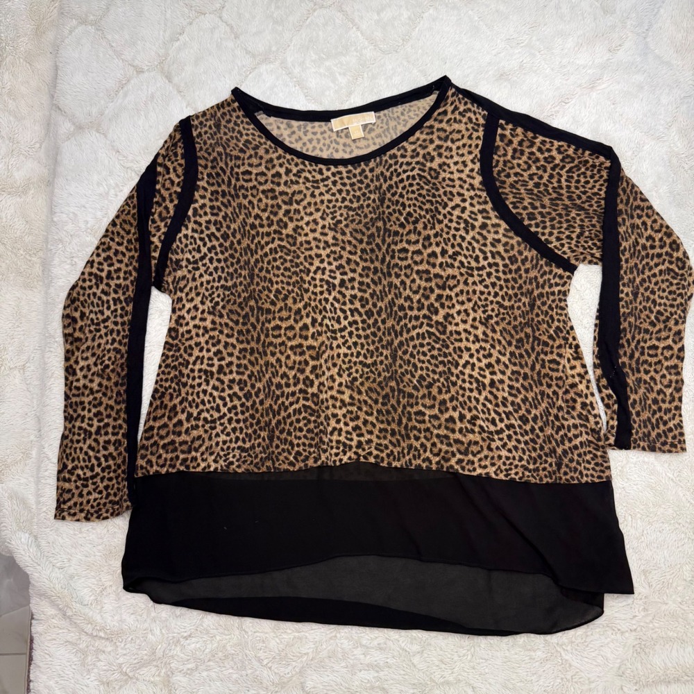 MICHAEL Michael Kors 2X Leopard Print Tunic Top Black Sheer Hem Mob Wife Glam